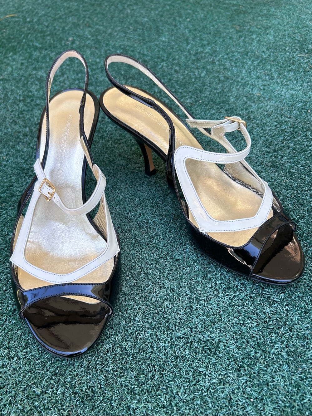 New Georgina Goodman Slingback Sandal Patent Leather Black White 38